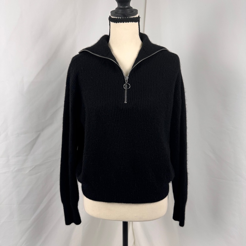 Quince Sweater Womens Small Black Quarter Zip Ribbed Knit O-Ring Zipper